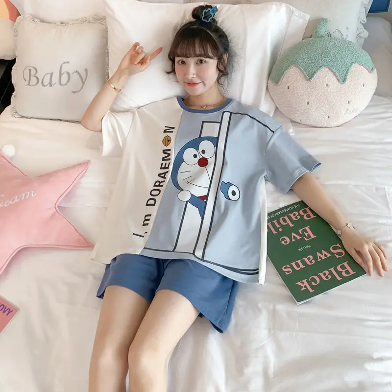 Pajamas Female Summer Thin Section Cotton Short-sleeved Students Cartoon Cute Sweet Can Wear Two-piece Home Wear Sets