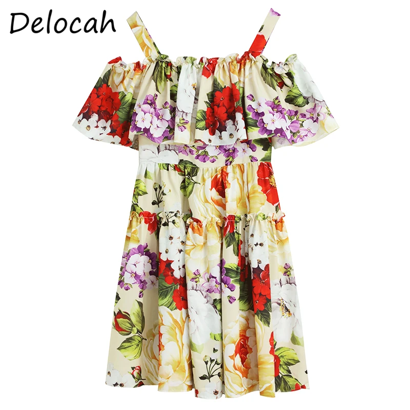 

Delocah Summer Women Fashion Runway Holiday Short Dress Sexy Spaghetti Strap Ruffles Floral Print Blouses ALine Dresses vestidos