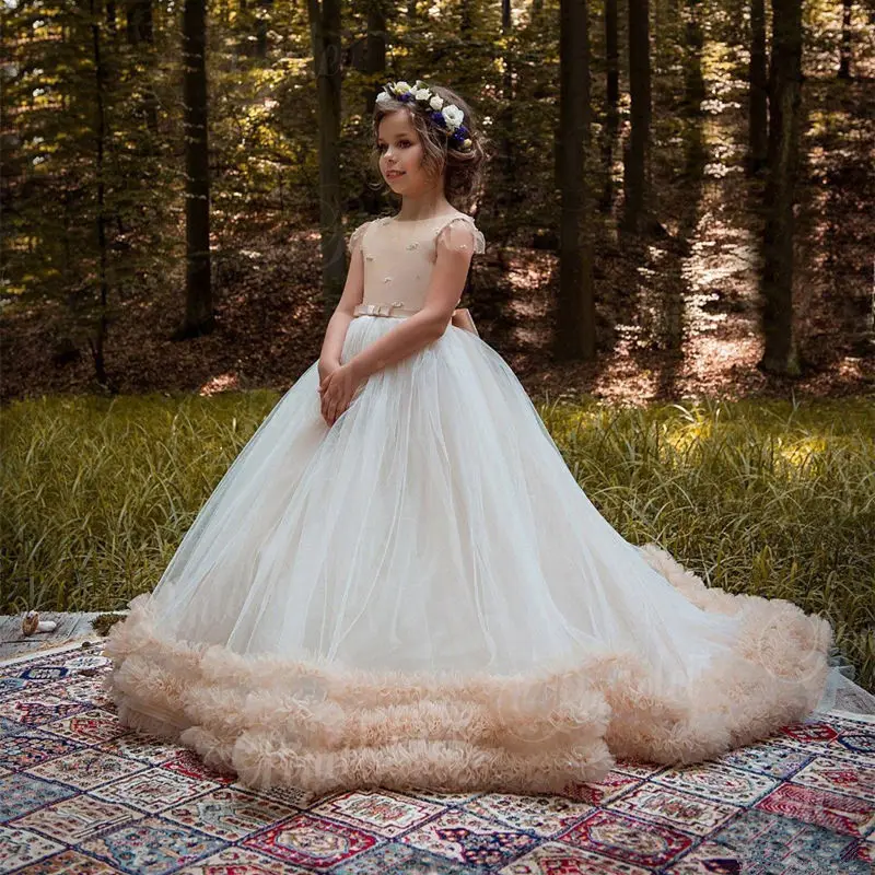 Picture style Розовые Платья с цветочным узором для девочек Половина рукава с аппликацией из кружева атласный Причастие партии выпускного вечера принцесса пышные Детские платья до колен - Цвет: Picture style