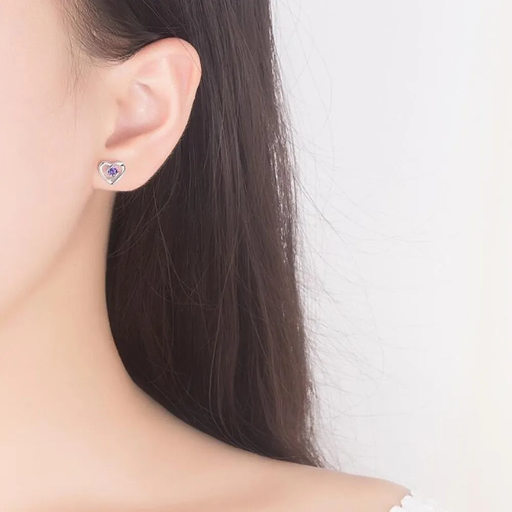 

925 Sterling Silver Stud Earrings High Quality Woman Fashion Jewelry New Heart-shaped Amethyst Zircon Hot Sale Earrings