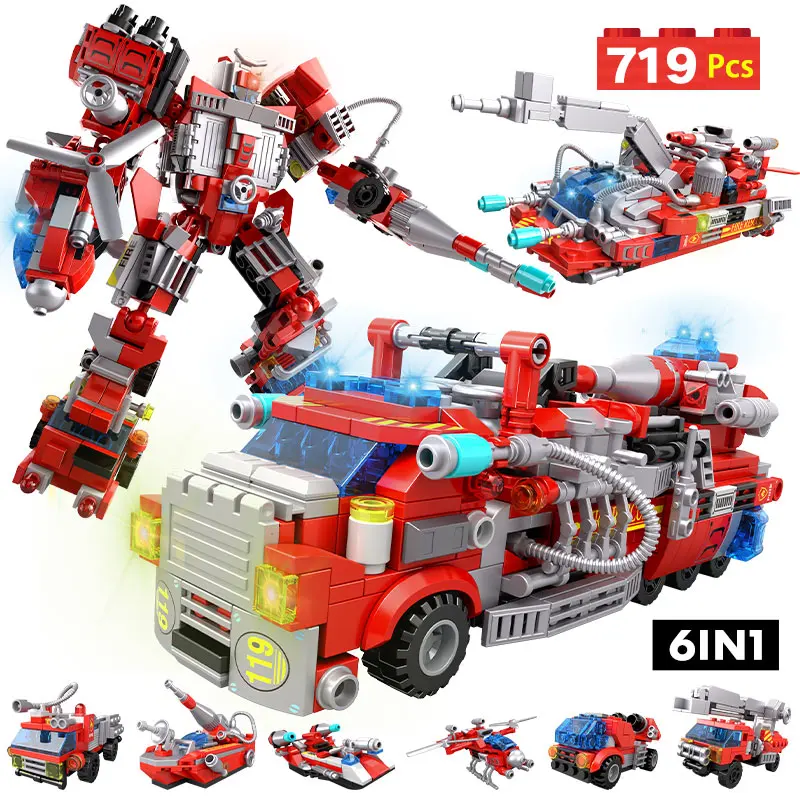 

6 In 1 Robot Fire Fighting Truck Car Building Blocks City Police Firefight Helicopter MOC Figures Bricks Toys for Children Gifts