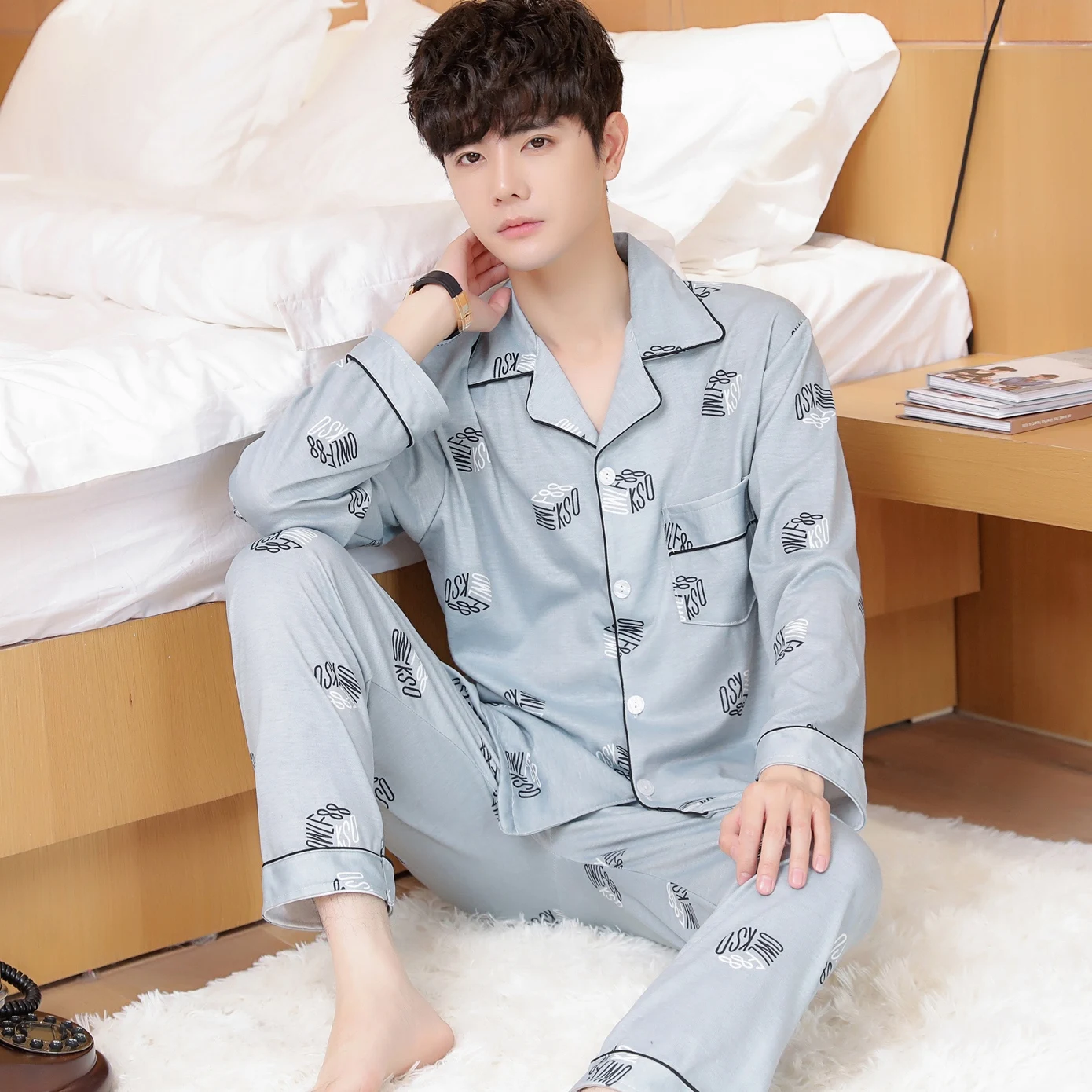 2pcs Sets Pure Cotton Men Pajamas Casual Plaid Long Sleeve Lapel Collar Sleepwear Spring Autumn Homewear Nightwear Home Clothing