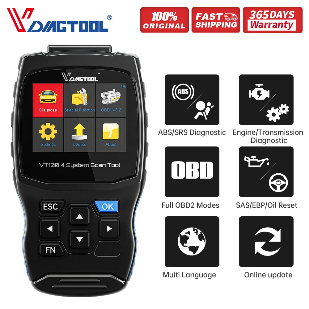 Диагностический сканер OBD2 диагностический VDIAGTOOL VT100 2022 для коробки передач ABS SRS