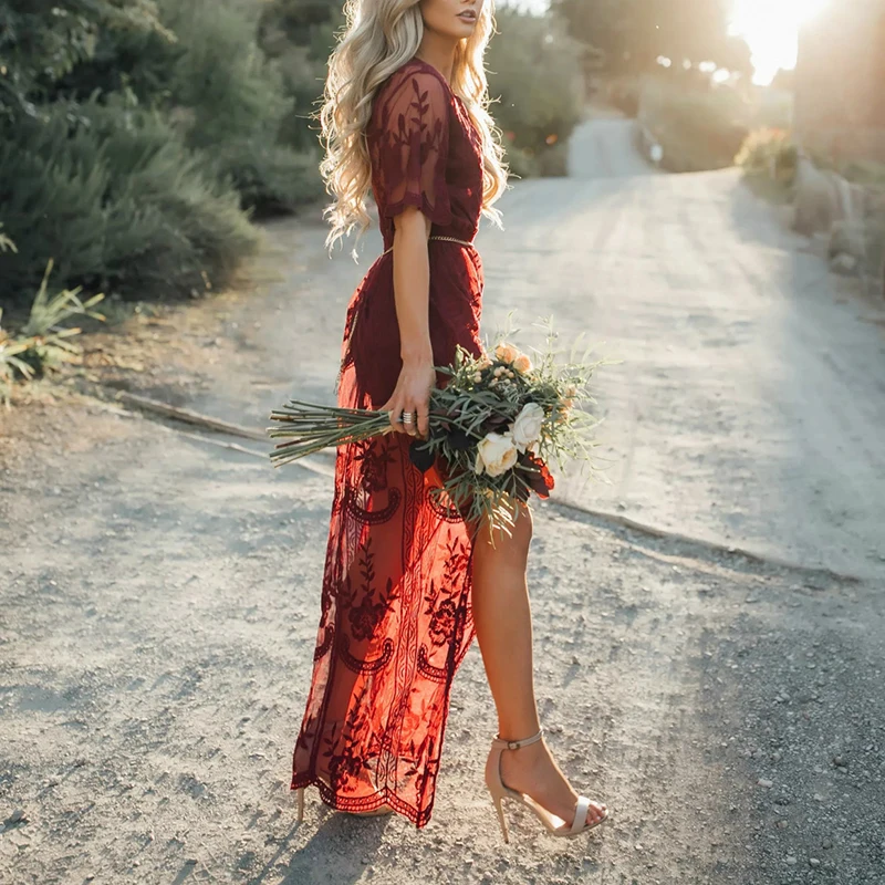 

Miguofan Women Lace Red wine Long Summer Sundress Dresses Mesh See Through Cover Dress Maxi Beach Boho Covers Dress Vestidos