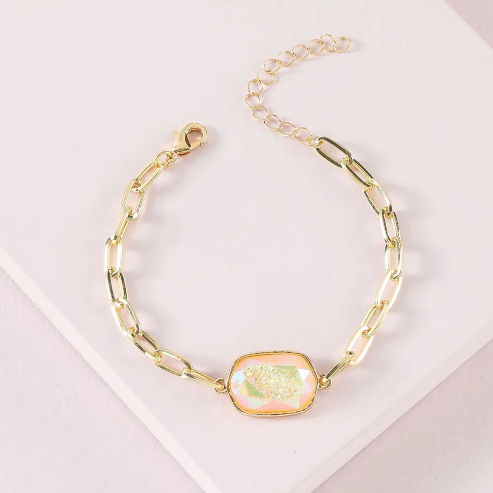 

Women Fashion Jewelry Gold Color Metal Link Chain Geometric Shape Resin Faceted Stone Bracelet 2021