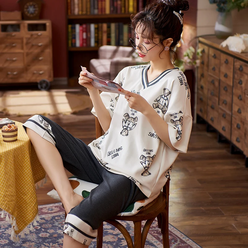 

Летняя женская пижама с коротким рукавом мультяшный медведь Милая Пижама укороченные штаны хлопковая Домашняя одежда серый синий пикантна...