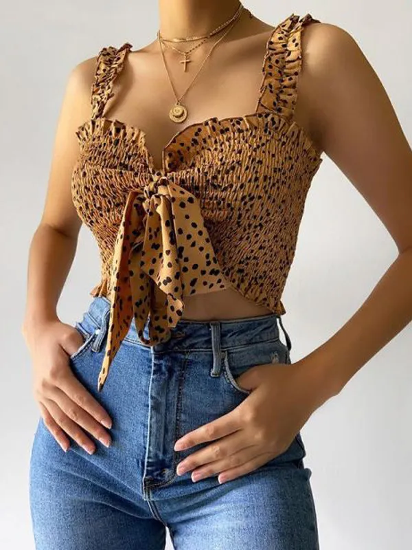 

Women Lace Frill Tube Crop Tops Chic Lady Bowknot Tanks Polka Dot Ruffles Strap Vest Summer Sexy Open Front Tie Up Tank Tops