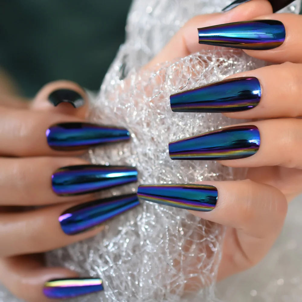 

Chrome Diamond Blue Press On Fingernails Metallic Mirror Holo Fake Nails Extra Long Ladies Designed Tips for Finger