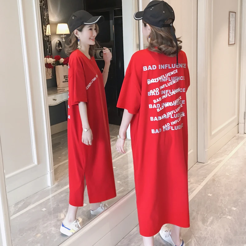 #4918 летнее 2021 прямое красное платье-футболка для женщин с коротким рукавом и