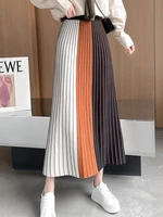tigena knitted midi skirt women 2021 autumn winter casual contrast striped a line elastic high waist pleated long skirt female