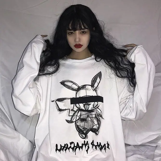 Футболка с длинными рукавами и чернильным принтом Ins Pikachu Корейская версия белая