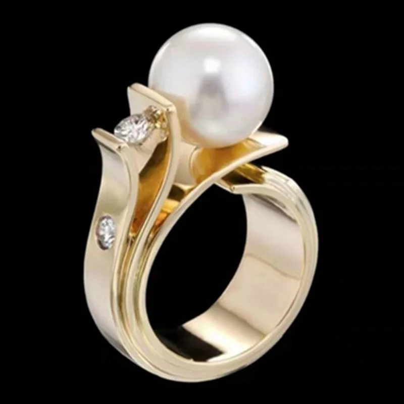 

New Design Gray Simulated Pearl Finger Rings For Women Luxury Wedding Band Filled Rhinestone Engagement Jewelry