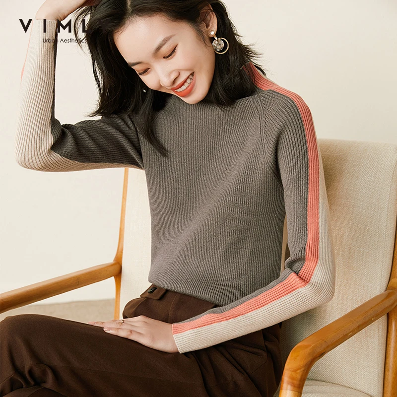 

Vimly 2020 Fashion Women's Sweaters Elegant Contrast Striped Knitted Turtleneck Pullover Vintage Clothes Female Tops F3328