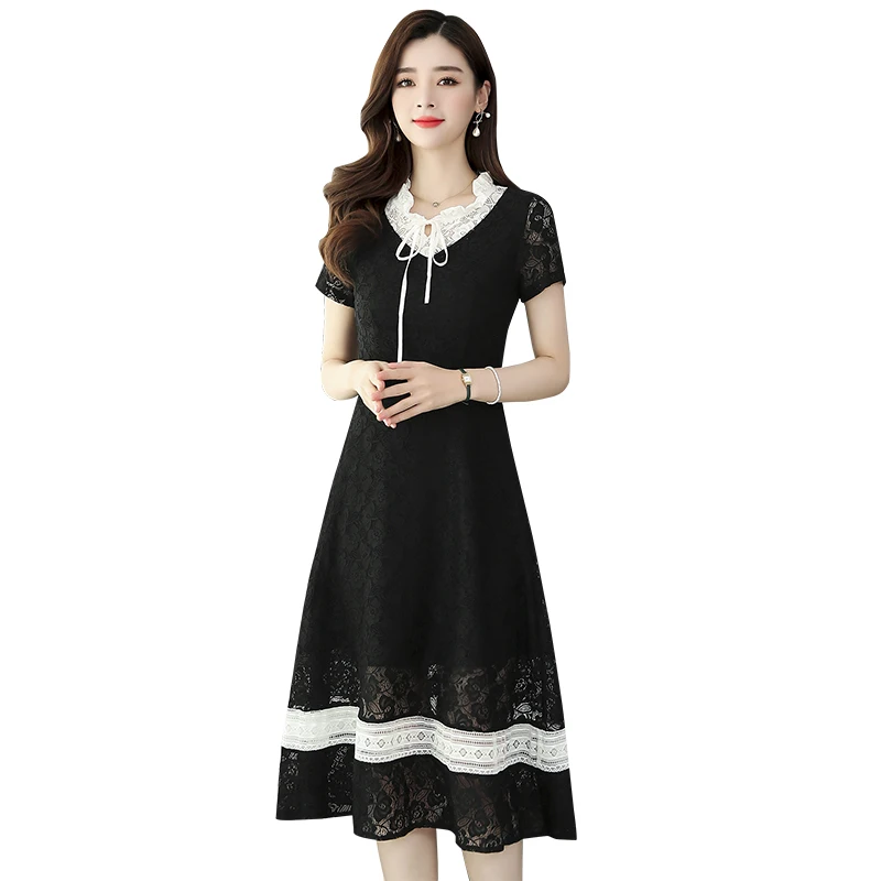 

2021 summer new color matching stitching lace skirt tie-lead slim slimming short-sleeved dress women