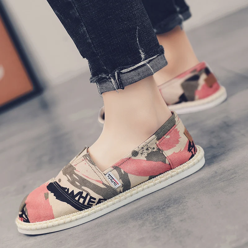 Мужские холщовые туфли красные камуфляжные ручной работы эспадрильи