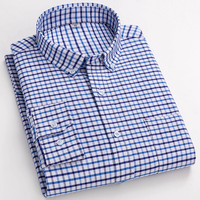 S-6XL New 100% Cotton Oxford Plaid Shirts For Mens Long Sleeve Cotton Casual White Dress Shirts Man Regular-Fit Men Social Shirt
