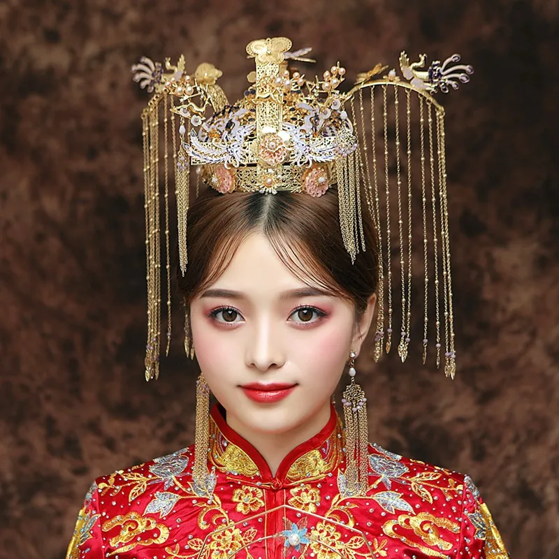 

Oriental Bride luxurious phoenix crown retro palace classical headdress jewelry Ancient Chinese clothes Hanfu hair accessories