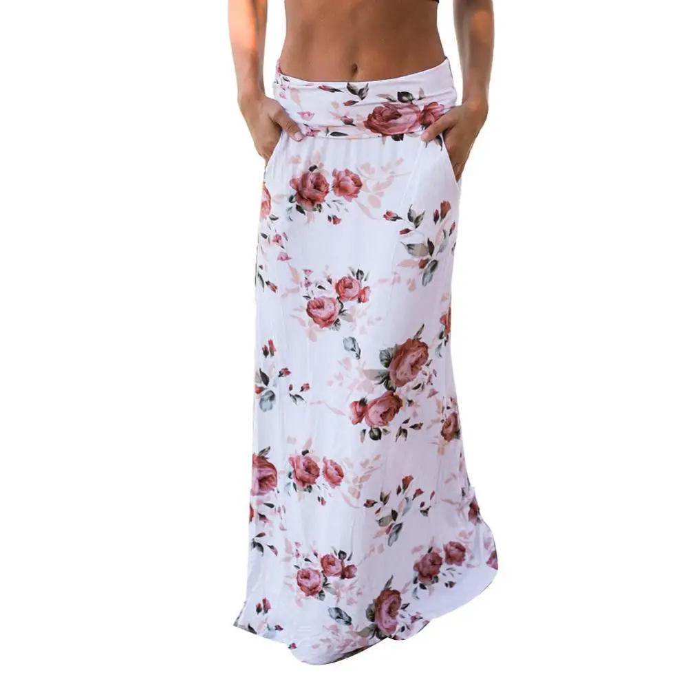 

80% Hot Sale Boho Women Summer Beach Flower Print Low Waist Long Maxi Skirt with Pockets