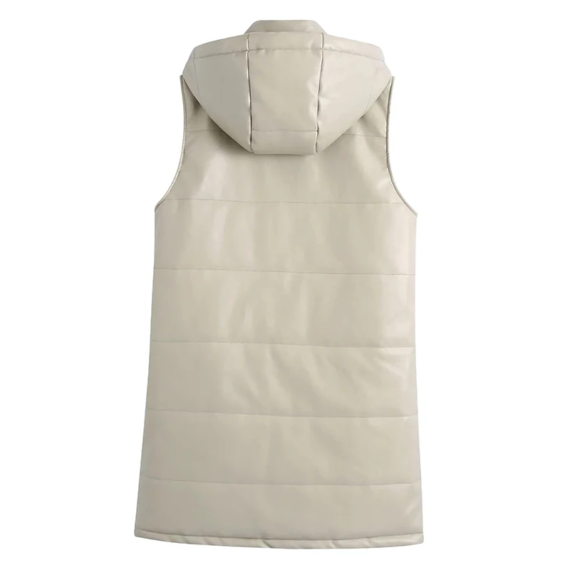 2022PU Faux Leather Long Parka Coat Hooded Single Breasted Waistcoats Women Winter Warm Thick Cotton Vest Casual Loose Outerwear