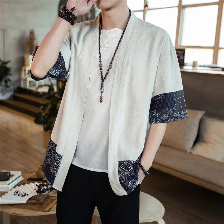 

Japanese Style Samurai Kimono Solid Color Clothing Summer Casual Floral Printed Patchwork Cotton Shirt Streetwear Coat Fashion