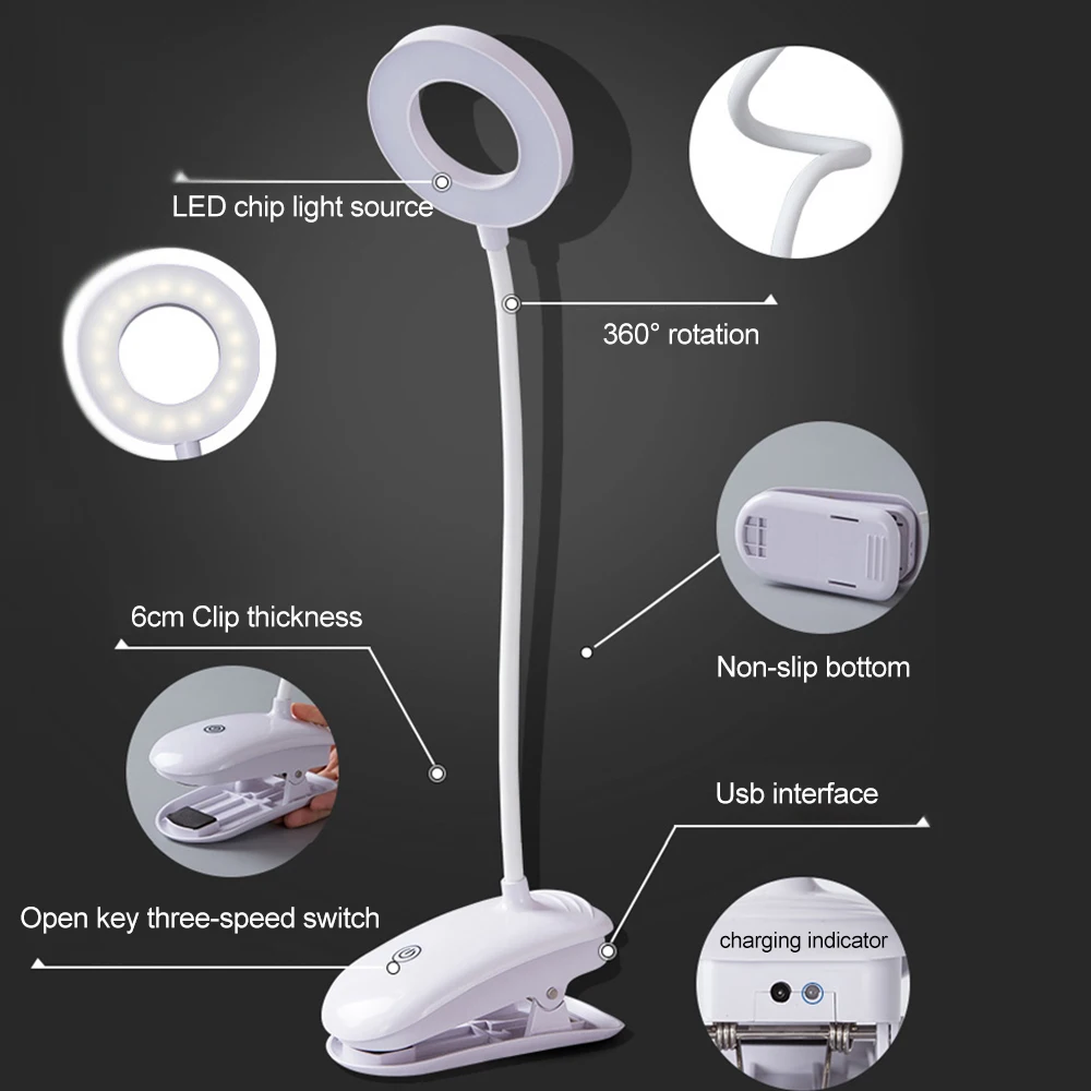 Desk Lamp Portable LED Touch On/Off Switch Eye Protection Clip Table Light 3 Modes Dimmable USB Rechargeable Lights | Освещение