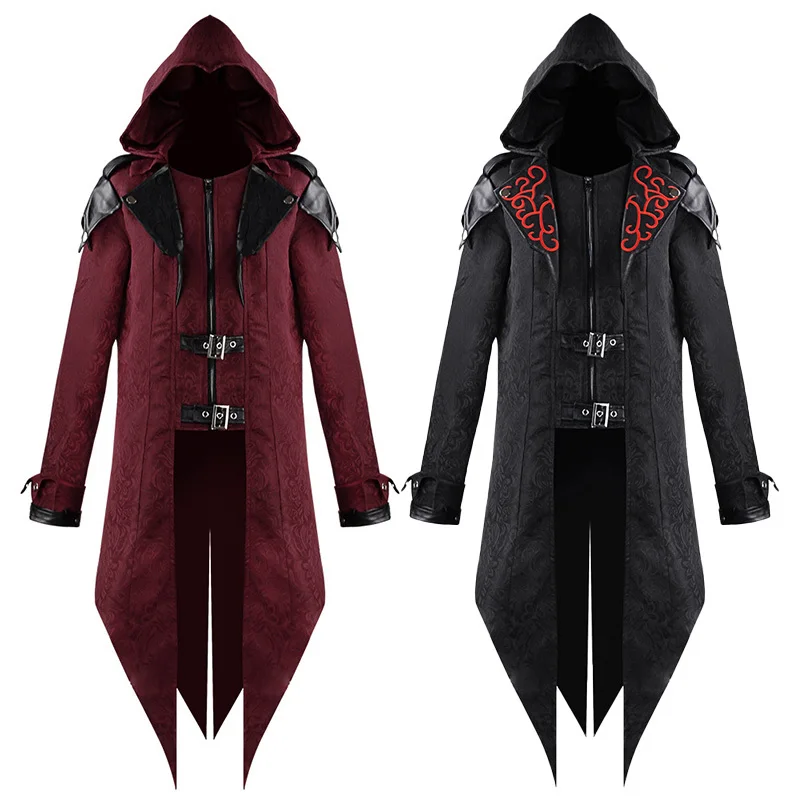 

Male Medieval Renaissance Retro Gothic Red Black Hooded Trench Costume Men Halloween Cosplay Autumn Winter Splicing Cloak Cape