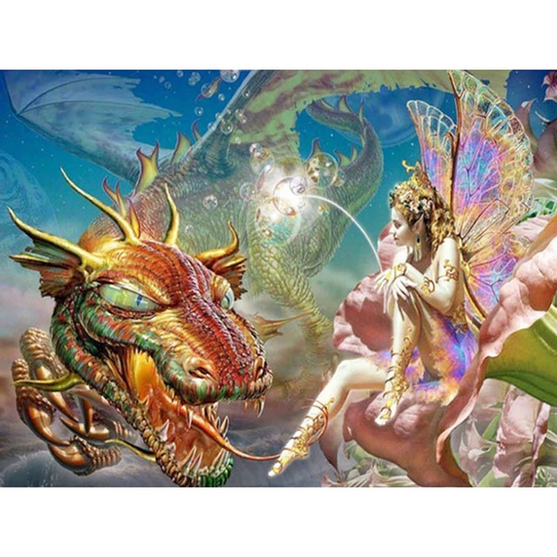 

5d Diy Diamond Embroidery Fairy And Dragon Diamond Painting Elf Animal Cartoon Full Square Rhinestones Home Decoration