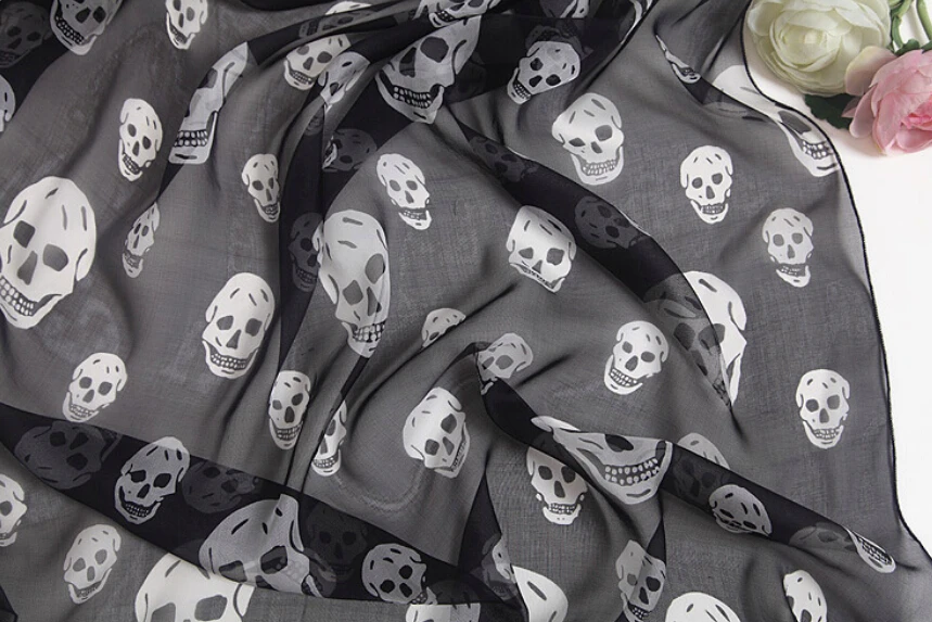 Длинная шаль для пляжа женский модный шифоновый шелковый шарф с принтом черепа