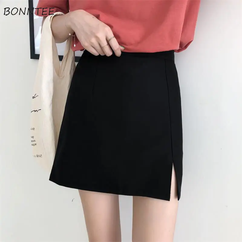 

Skirts Women Solid Black Bodycon Split Office Ladies Stitching Ulzzang High Waist Elegant Slim Mini Skirt Student Trendy Simple