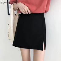 skirts women solid black bodycon split office ladies stitching ulzzang high waist elegant slim mini skirt student trendy simple