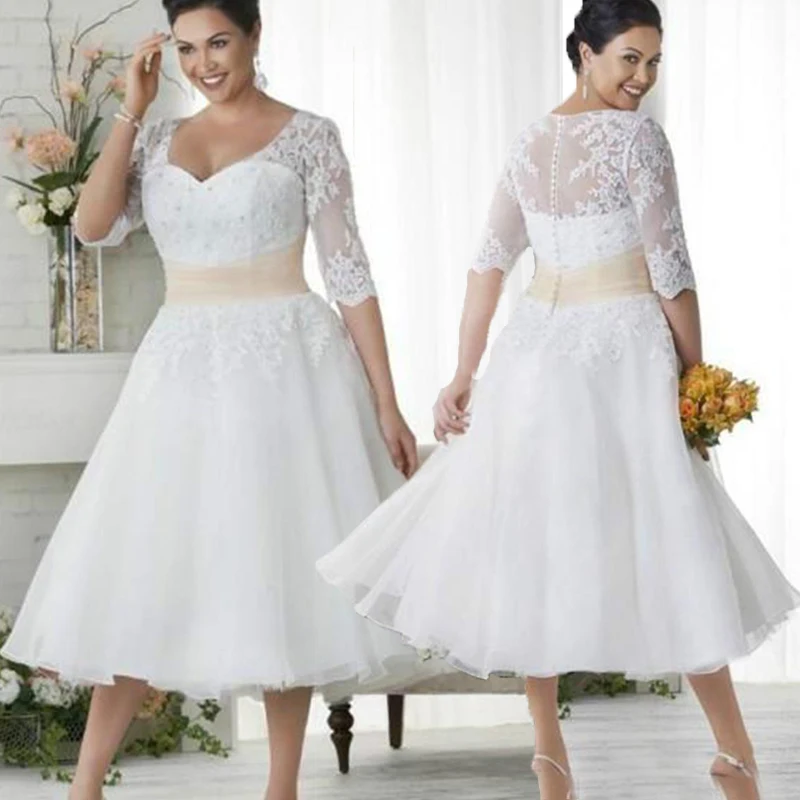 

Cheap A Line Tea-Length Tulle Plus Size Wedding Dress 2021 White Dresses Lace Half Sleeves V Neck Bridal Gowns Vestido De Noiva
