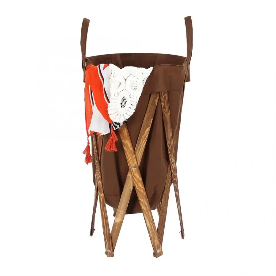 Foldable Laundry Hamper Basket with Wooden Frame Dirty Clothes Bag for Home Use