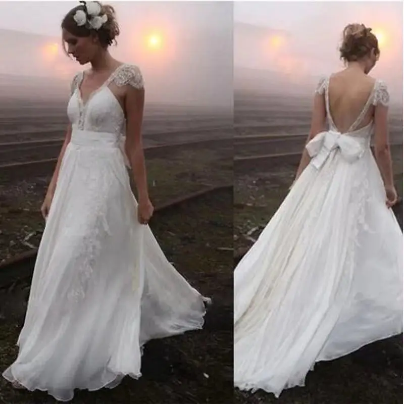 

Boho Chiffon Wedding Dress Cape Sleeve V Neck Lace Beach Country Garden Bride Gown Свадебное Платье Robe De Soirée De Mariage