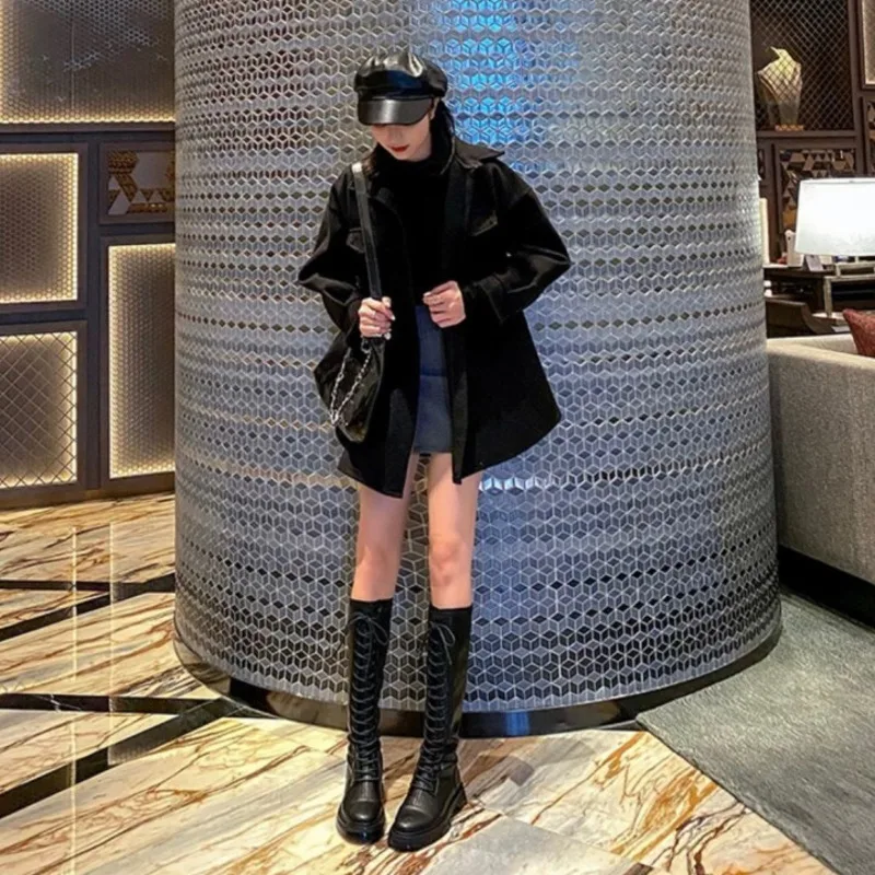 

2021 Black Fashion Knee High Lather Boots Women New Flat Lace-up Shoes Ladies Fashion Combat Boots Female High Quality Footwear