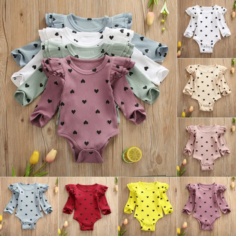 2020 Baby Spring Autumn Clothing Infant Newborn Bay Girls Fly Long Sleeve Hearts Print Bodysuits Ribbed jumpsuits Casual Costume |