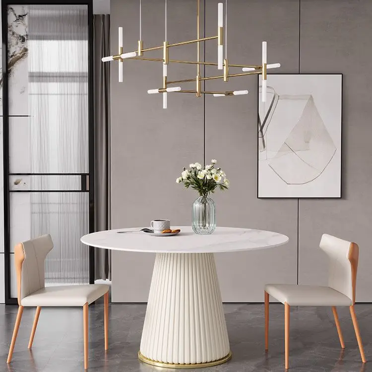 

White Round Rock Slab Table With Turntable Set Chairs Combination Home Kitchen Family High-End Restaurant Practical Furniture