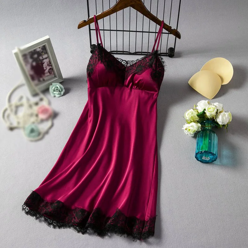 

Women Silk Sling Nightdress Ladies'Sexy Lingerie Satin Sleepwear Lace Cup V-neck Nightwear Homewear