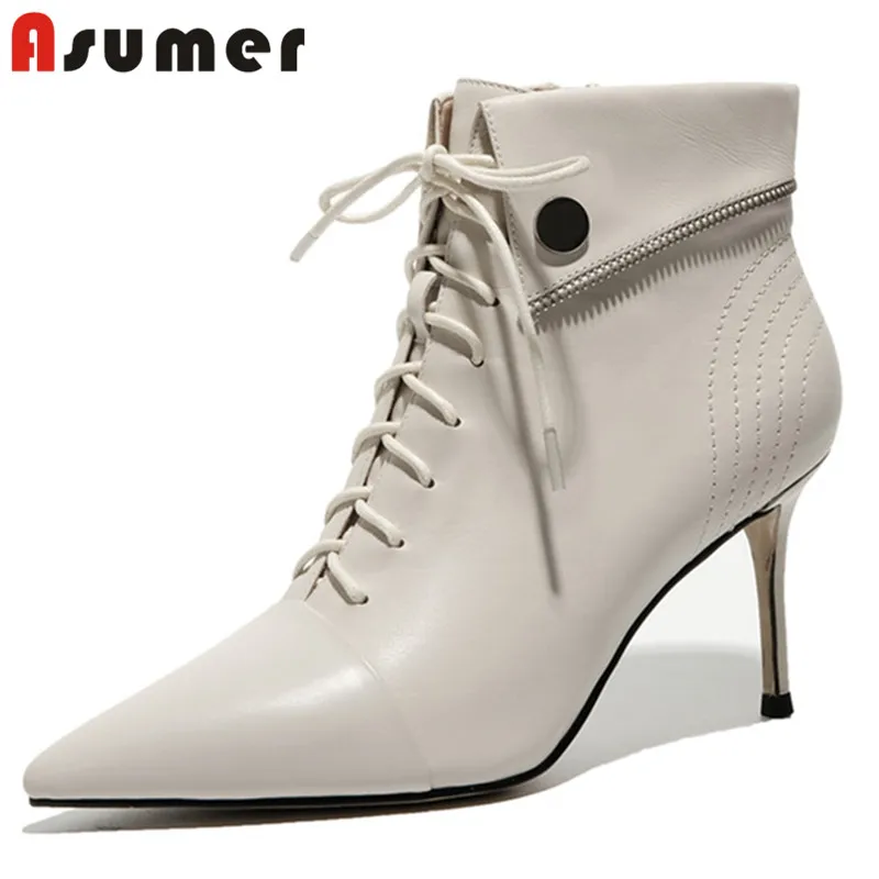 

Asumer 2021 top quality genuine leather ankle boots women pointed toe autumn winter sexy thin high heel dress party shoes woman