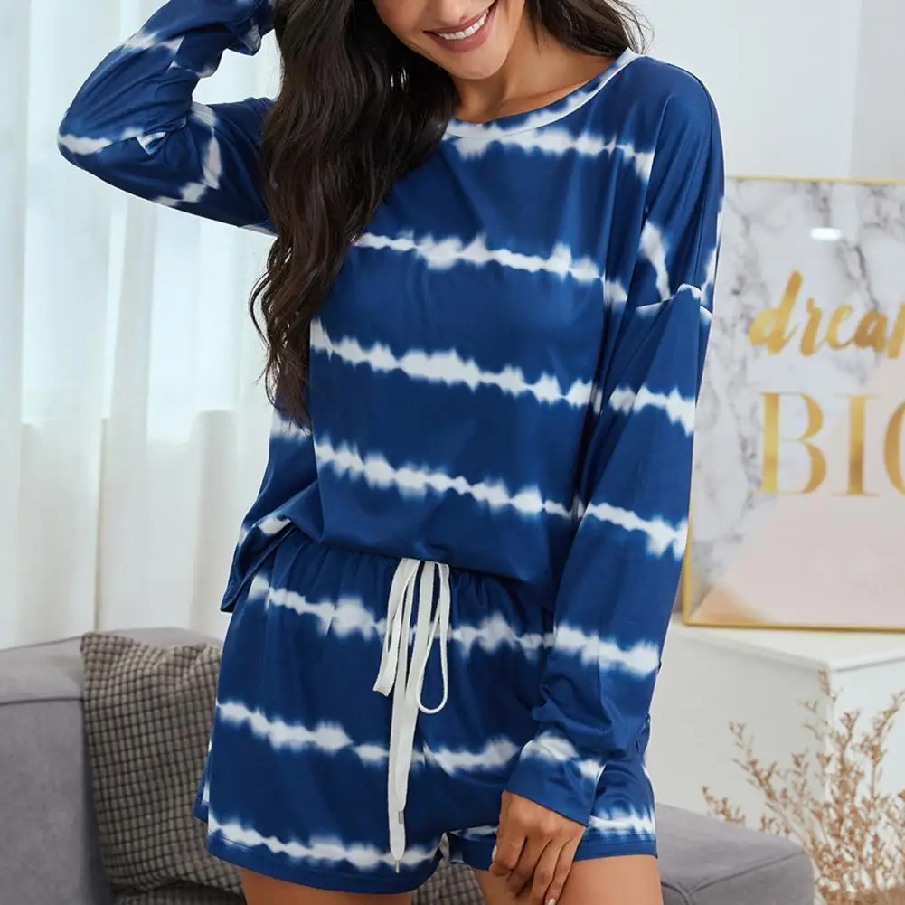 

Women Home Wear Lady Pajamas Suit Tie-dye Long Sleeve T-shirt Shorts Sleepwear Women's Pajamas Sets