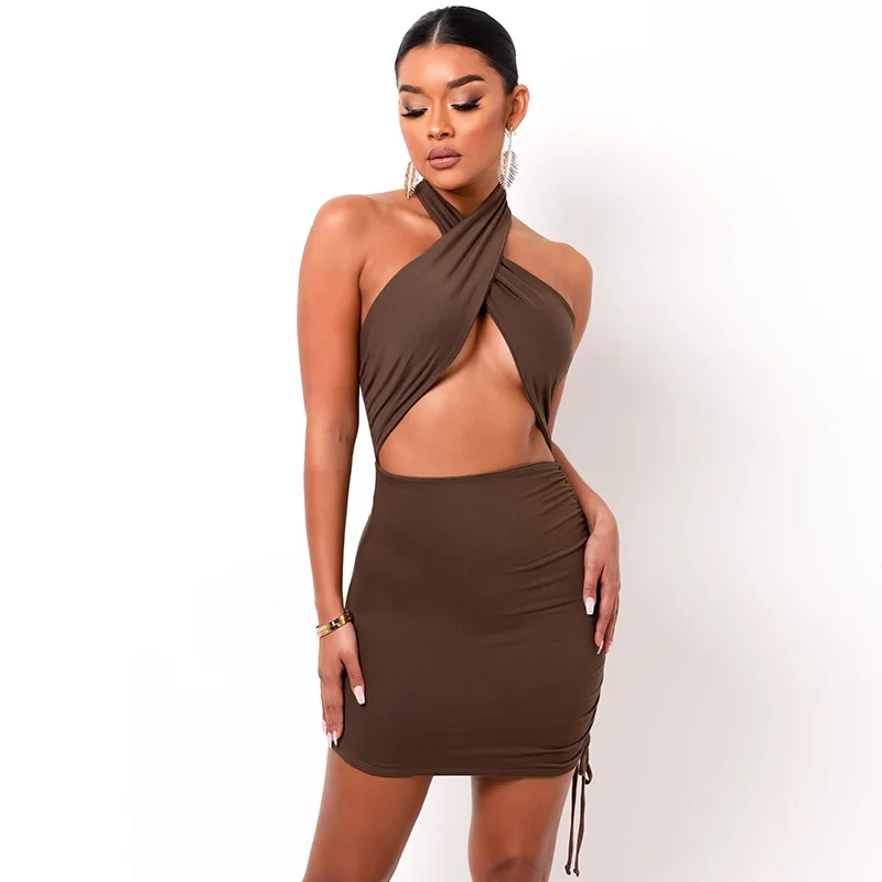 

Sexy Backless Cross Halter Cut-out Female Mini Dresses Bodycon Club Fashion Sleeveless Brown Ruched Dress Summer Women Clothing