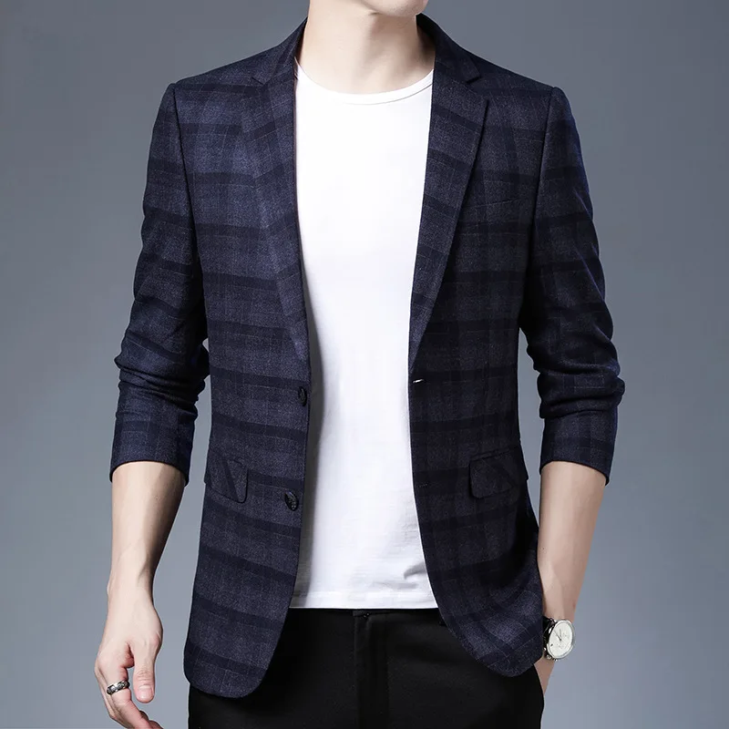 

Blazers Young Men Long Sleeve Plaid Suit Jacket Autumn Formal Business Casual Costume Homme Plus Size 4XL Brand Blazer Masculino