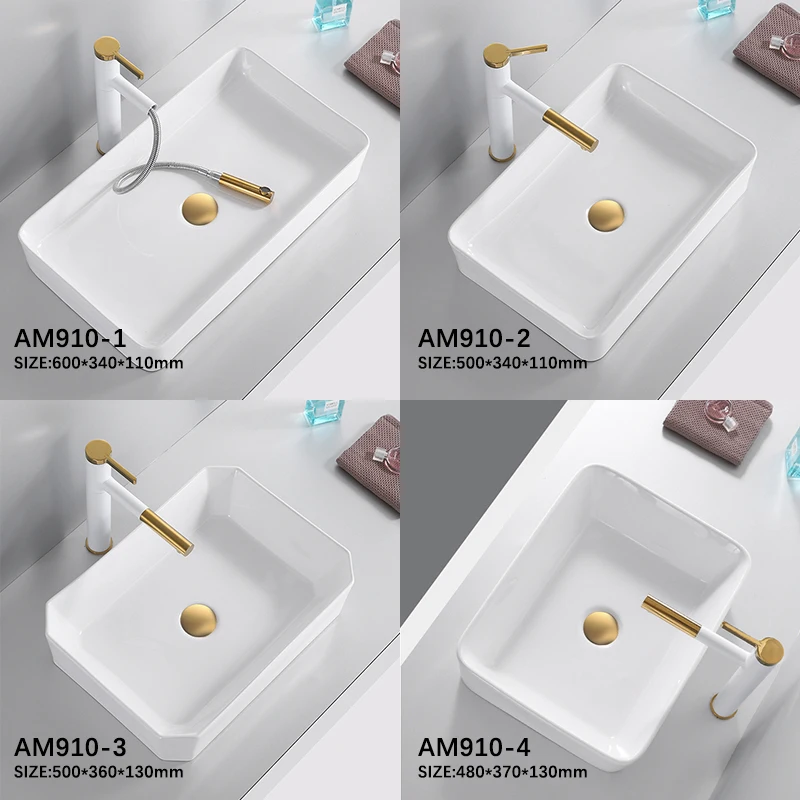 

White Bathroom Sinks Square Design Ceramic Vessel Washing Basin Bowl Sink White Color With Pop Up Drain Soft Hose AM910