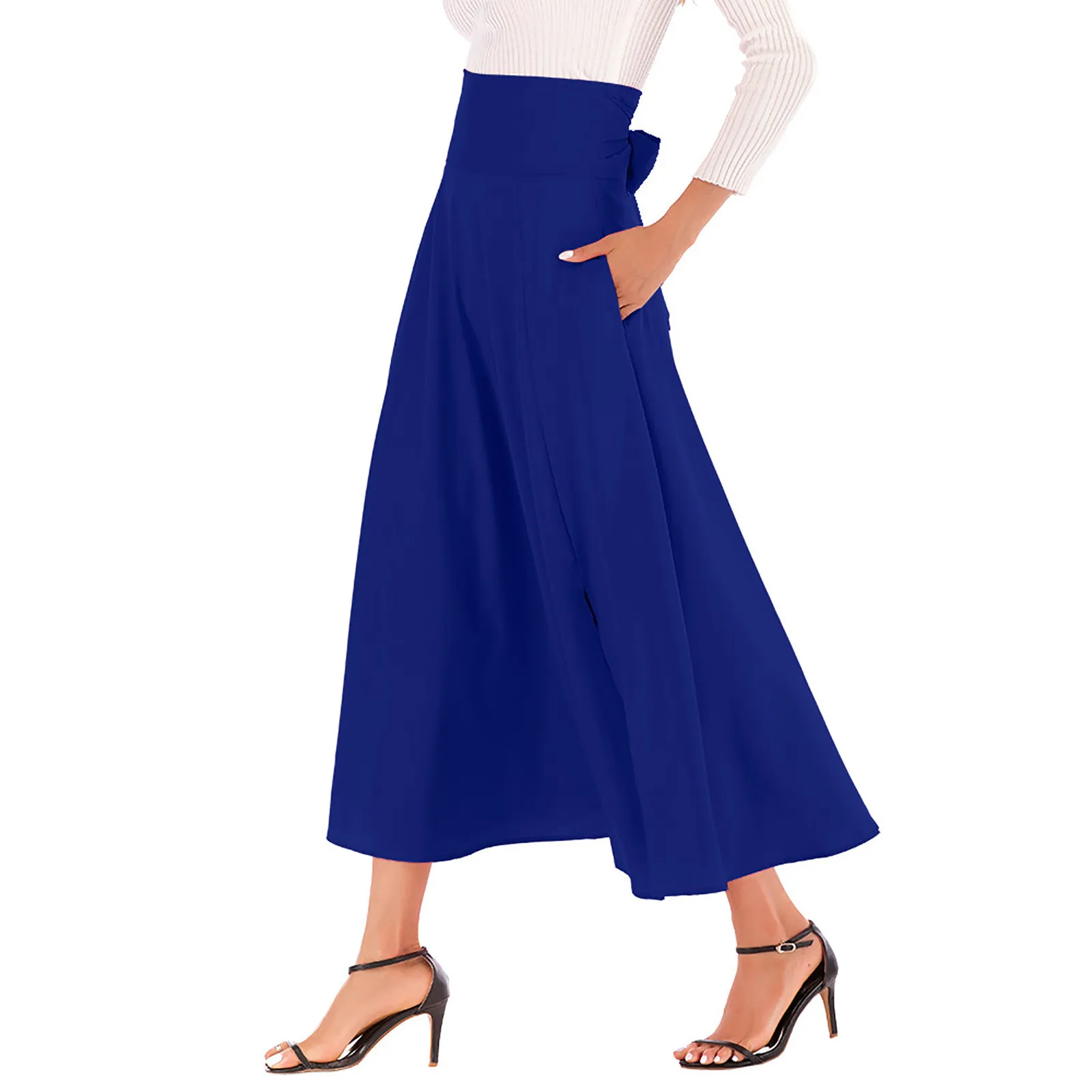 

JAYCOSIN Skirt Women 2021 Summer High Waist Pleated A Line Long Skirt Front Slit Belted Maxi Skirt Vintage Elegant Simple Skirt