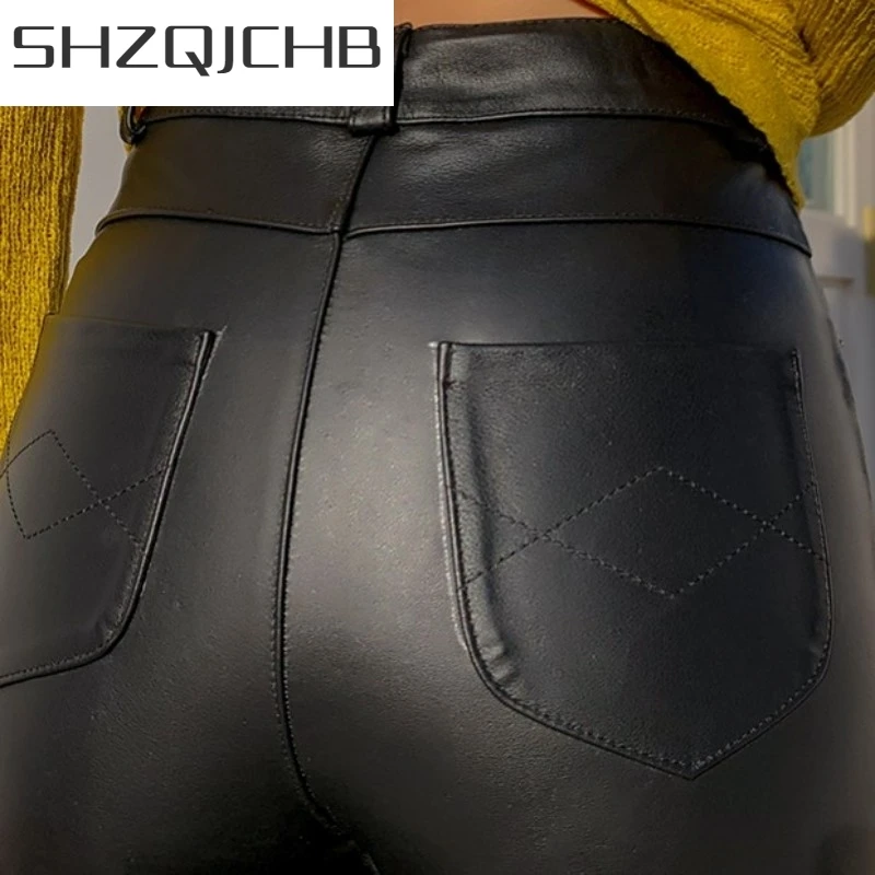 

JCHB 2021 High Quality Real Leather Pencil Pants Women Streetwear Slim Zipper Black Trousers Plus Size 6XL Office Lady Sheepskin
