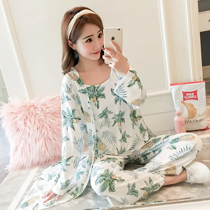 Autumn and Winter Woman Pajamas Set Sling Cotton Pajamas 3 Peices Sleepwear for Women Long Sleeves Breathable Sexy Robe Homewear