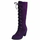 Зимние и осенние сапоги выше колена женские сапоги на шнуровке Модные фиолетовые красивые сапоги на квадратном каблуке Размеры 35-43