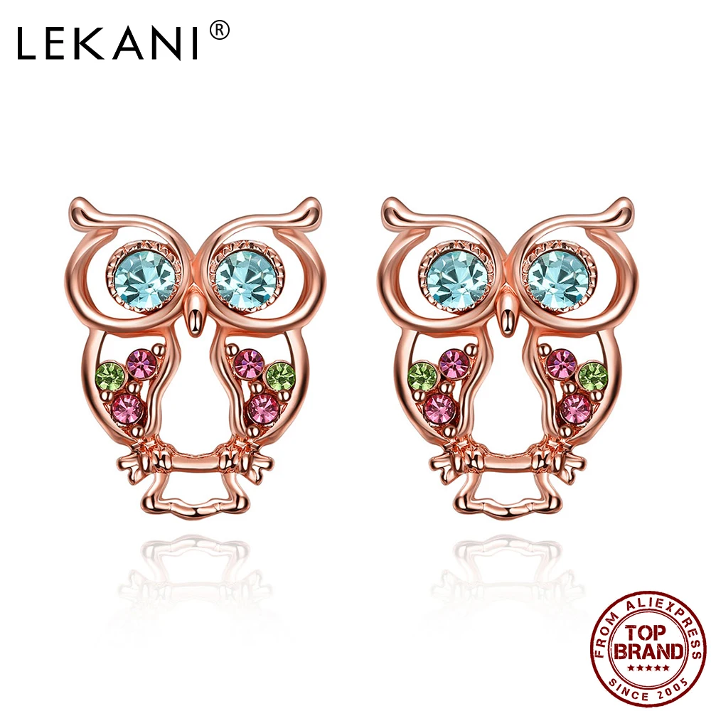 

LEKANI Cute Hollow Out Owl Stud Earrings For Women Czech Drill Rose Gold Color Earring Anniversary Fashion Jewelry New Arrival