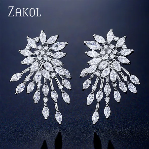 White Color ZAKOL милые серьги-гвоздики в виде цветка из белого золота с фианитами и кристаллами для женщин, подарок ювелирных изделий FSEP544 - Окраска металла: White Color