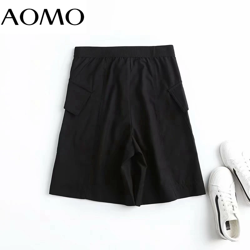 

AOMO 2021 New Women Elegant Solid Black Wide Leg Shorts Side Zipper Pockets OL Shorts Pantalones 4C110A