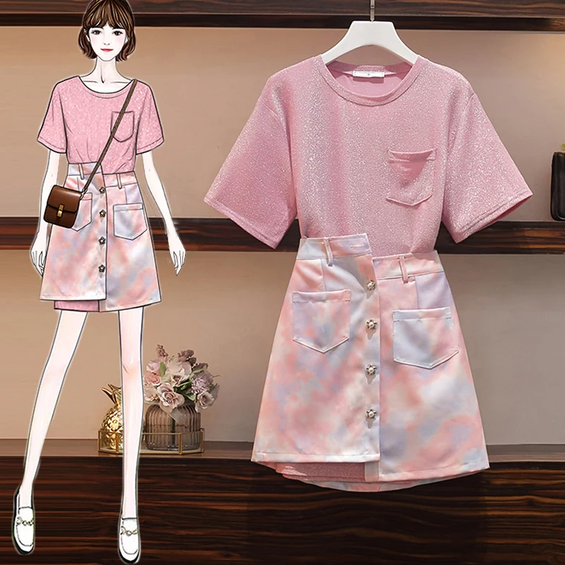 

Large size women's 2021 summer new fat sister fashion dress two piece set